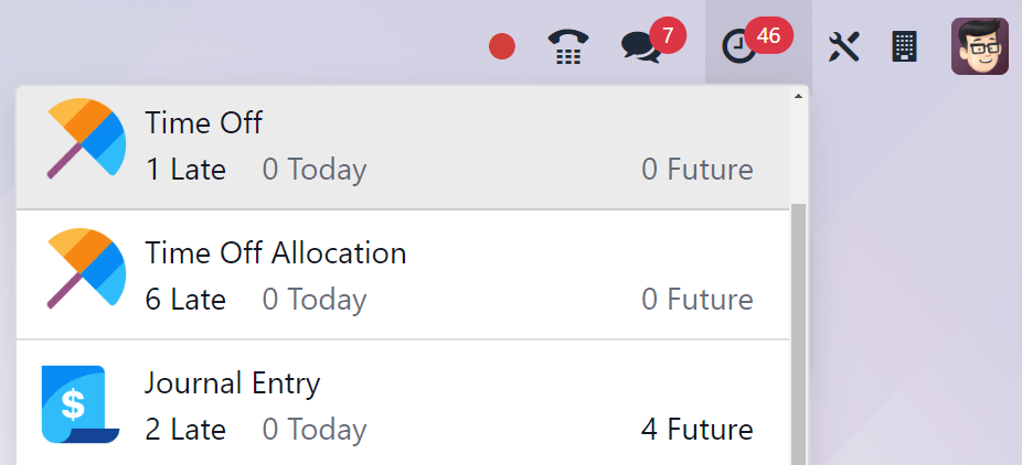 Captura de pantalla de la lista de actividades a la que se puede acceder desde la barra de menú principal. Se muestran dos registros para la aplicación Vacaciones.