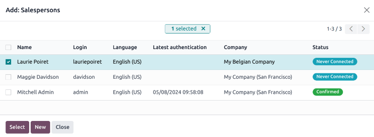 La ventana emergente "Agregar: Vendedores" en un nuevo equipo de ventas.