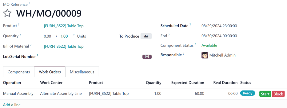 Después de hacer clic en "Planear", la orden de trabajo se cambiará a "Centro de ensamblaje principal".
