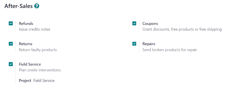 Captura de pantalla de las opciones de los servicios posventa activados en un equipo de soporte al cliente.