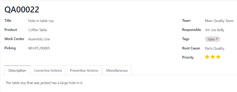 Un formulario de alerta de calidad con los campos completados.
