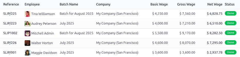 Visualización de todos los recibos de nómina a pagar en la página "Por pagar" en la aplicación Nómina.