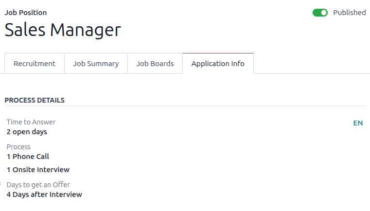 Ingrese la información del trabajo en la pestaña de reclutamiento.