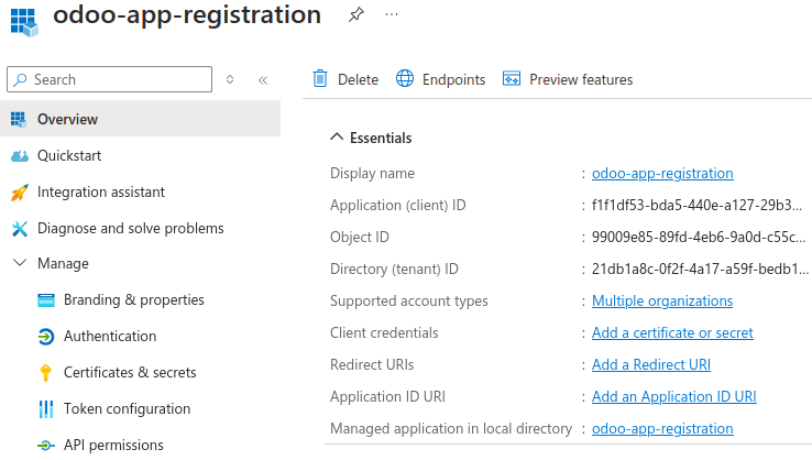 Captura de pantalla del registro de una aplicación de Microsoft Azure