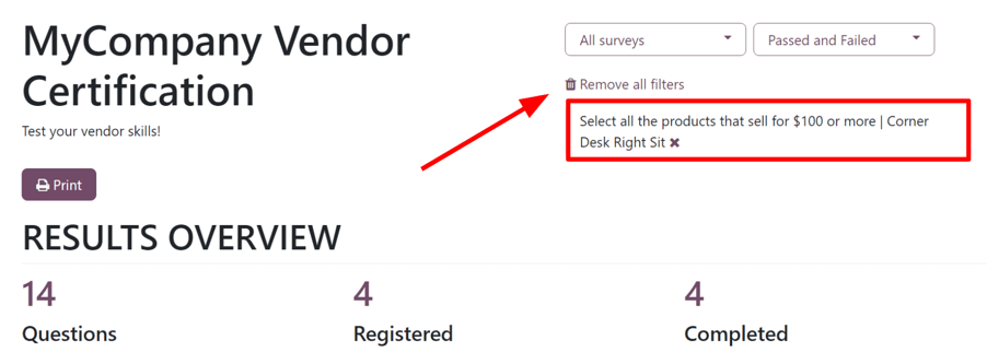 El filtro aplicado en la página "Ver resultados" en la aplicación Encuestas de Nexovate.