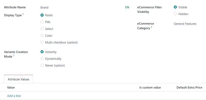 Un formulario de creación de atributos en blanco en la aplicación Ventas de Nexovate