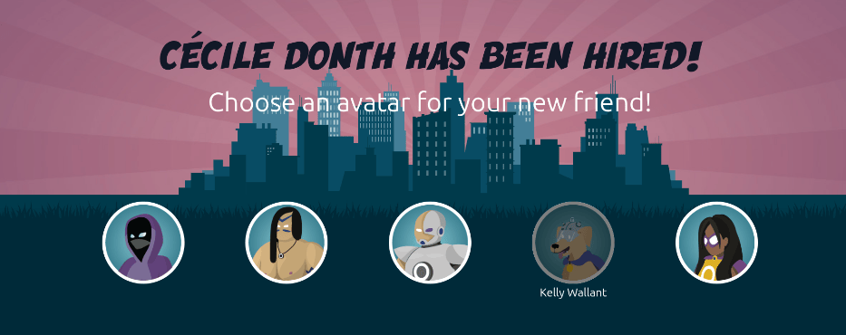 Captura de pantalla de la ventana de contratados. Aparecen varios avatares para elegir y los que ya fueron seleccionados aparecen en color gris.