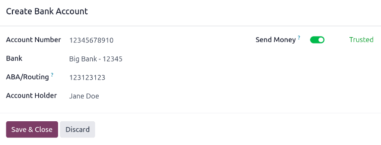 Captura de pantalla del formulario para crear una cuenta bancaria con toda la información completa.