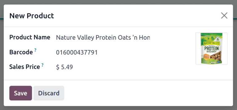 Cuadro de confirmación del nuevo producto.