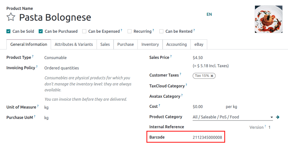 Campo de código de barras en el formulario del producto.