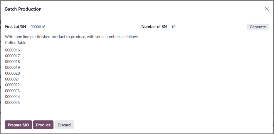 La ventana emergente "Producción por lote" desde la que se pueden asignar números de serie.