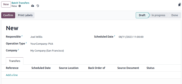 Vista del formulario *traslados por lotes*.