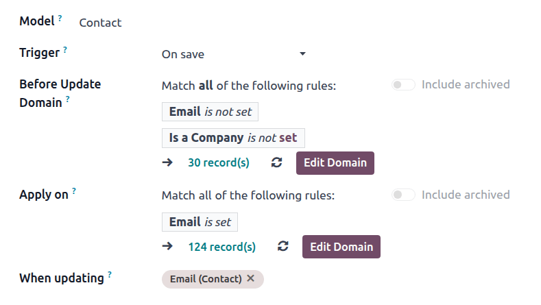 Captura de pantalla con el ejemplo de un activador con la opción "Antes de la actualización del dominio".