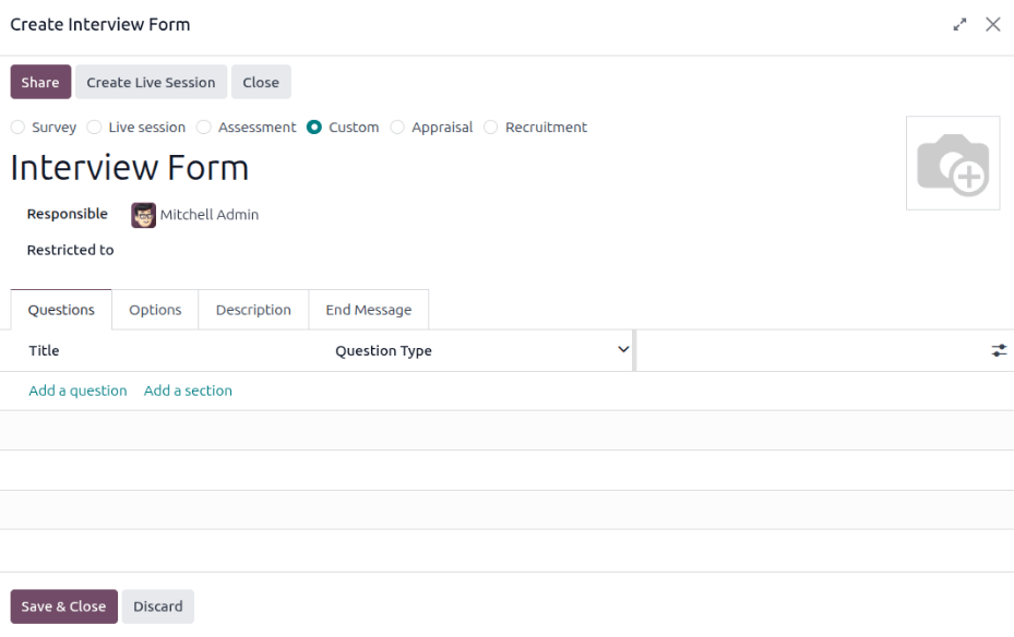 Captura de pantalla de la ventana emergente del formulario de entrevista vacío.