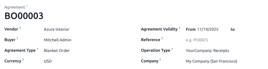 Un nuevo contrato de compra de orden abierta con productos agregados. 