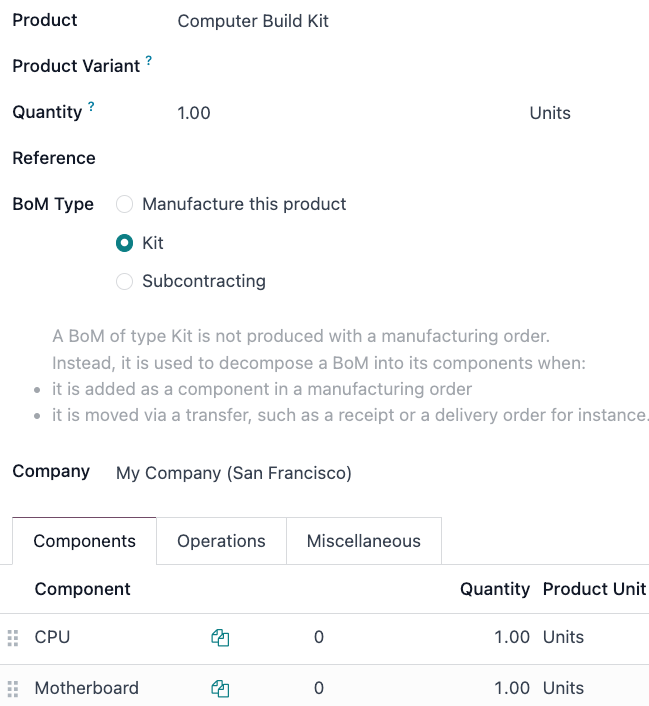 Selección de kit en la lista de materiales.