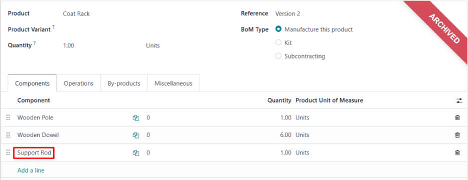 La lista de materiales del perchero actualizada para agregar un componente y una operación adicional.