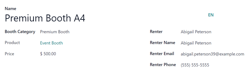 Un formulario común de estand en la aplicación Eventos de Nexovate. 