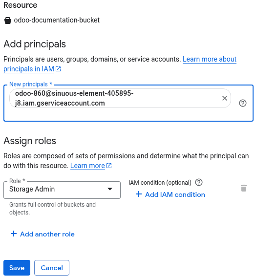 Captura de pantalla del proceso par agregar un principal a un bucket de Google Cloud Storage.