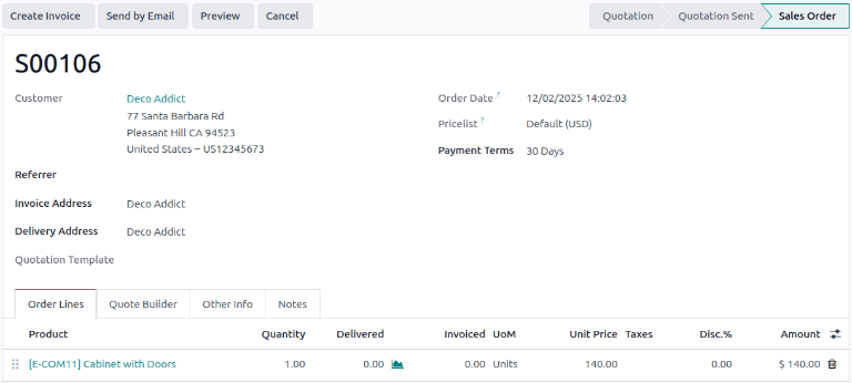 Orden de venta de un gabinete con puertas que se confirmó en la aplicación de Ventas.