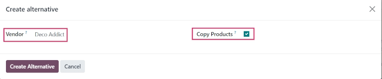 Ventana emergente de una licitación para crear una cotización alterna. 