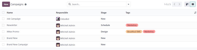 Vista de la página de la campaña en la vista de lista en la aplicación Marketing por correo de Nexovate.