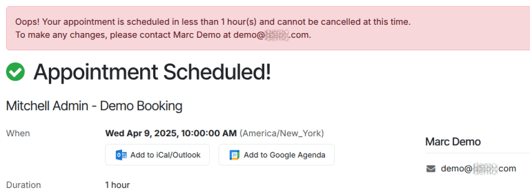 Captura de pantalla de ejemplo del mensaje que el cliente ve al cancelar.