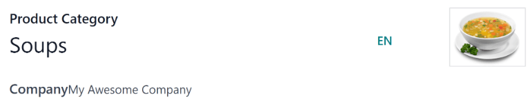 El formulario de categoría, con los campos completos para una categoría de Sopa.