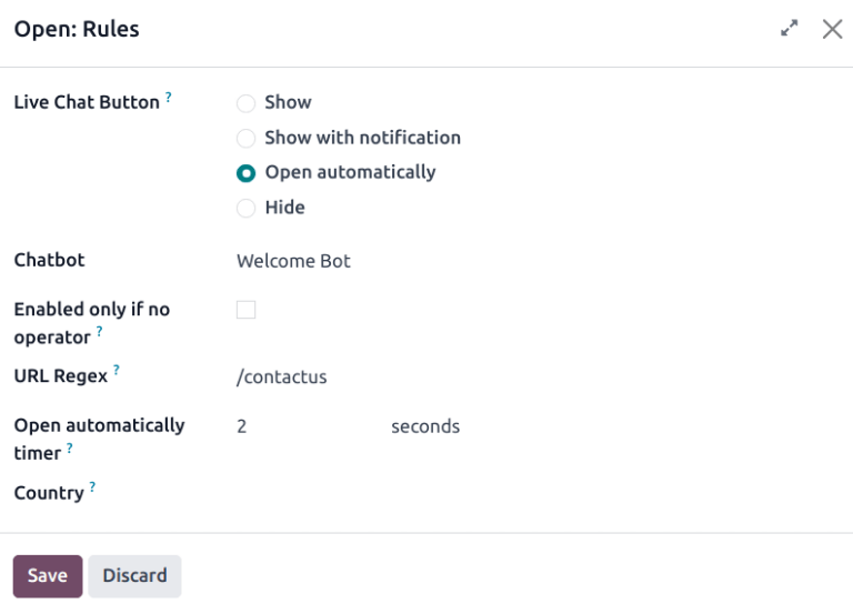 Vista de las reglas del canal, se resalta el campo Bot de chat.