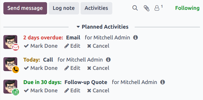 Un hilo de chatter con actividades planeadas y diferentes fechas programadas.
