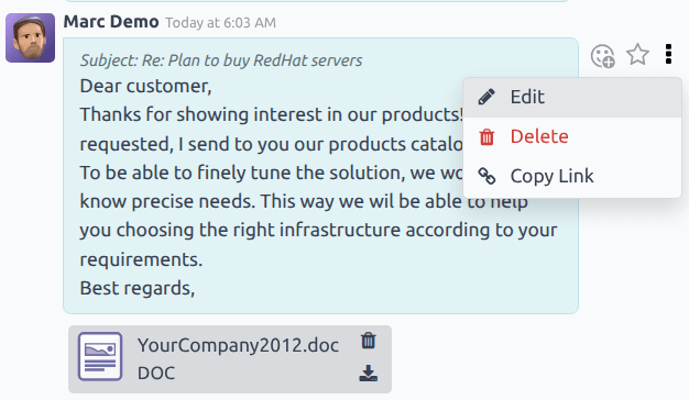 La opción para editar el mensaje en el hilo del chatter.