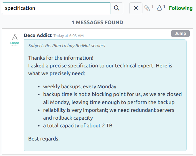Los resultados de búsqueda en el hilo del chatter con el icono de búsqueda y el botón de ir resaltados.