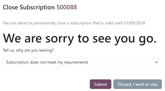La ventana emergente de cerrar suscripción que ve el cliente al cerrar la suscripción.