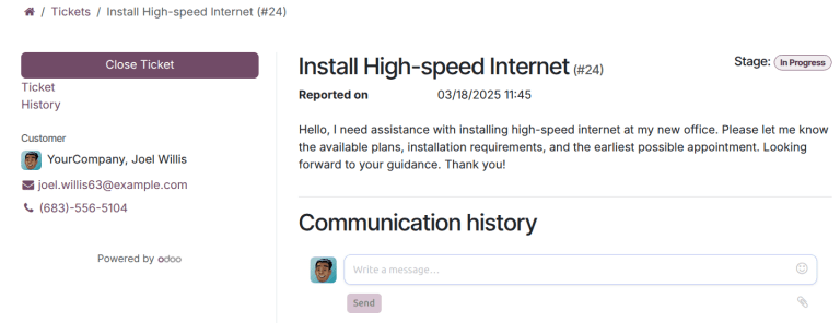 Vista del cliente al cerrar un ticket en la aplicación Soporte al cliente de Nexovate.