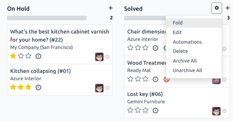 Vista de la etapa en el flujo de soporte al cliente, destaca el icono de engranaje y la opción de edición de la etapa.