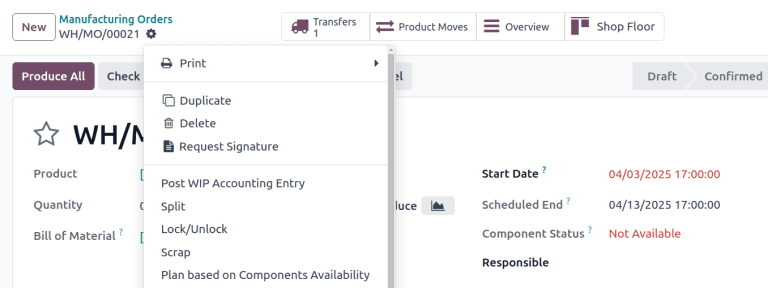 Orden de fabricación con el menú desplegable del engranaje abierto para mostrar la opción Desechar.
