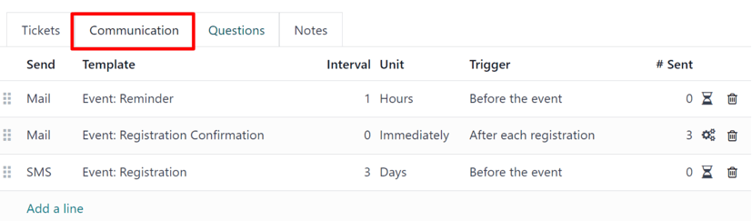 Una pestaña de comunicación común en un formulario de evento en la aplicación Eventos de Nexovate.