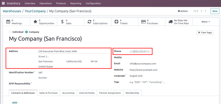 Mostrar la dirección y el teléfono de la empresa.