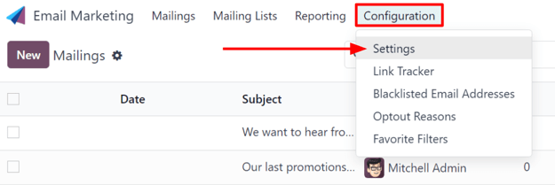 Vista del menú Configuración con la página Ajustes en la aplicación Marketing por correo de Nexovate.