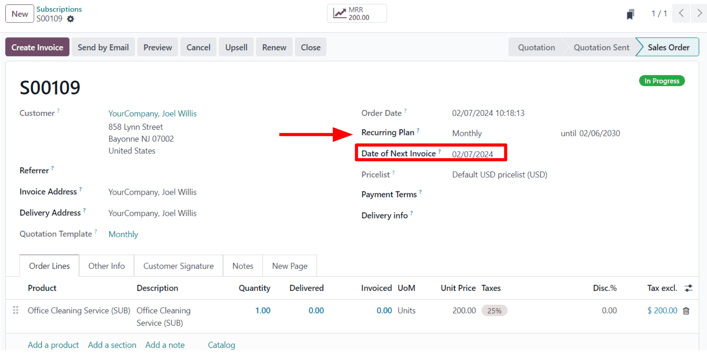 Una orden de venta de suscripción confirmada en la aplicación Suscripciones de Nexovate.