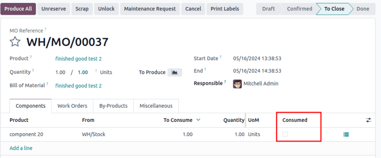 Visualización de una orden de fabricación, el campo *Consumido* aparece en un recuadro rojo.