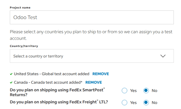 Captura de pantalla de la página de FedEx en la que los usuarios pueden seleccionar los países de los que hacen y reciben envíos.