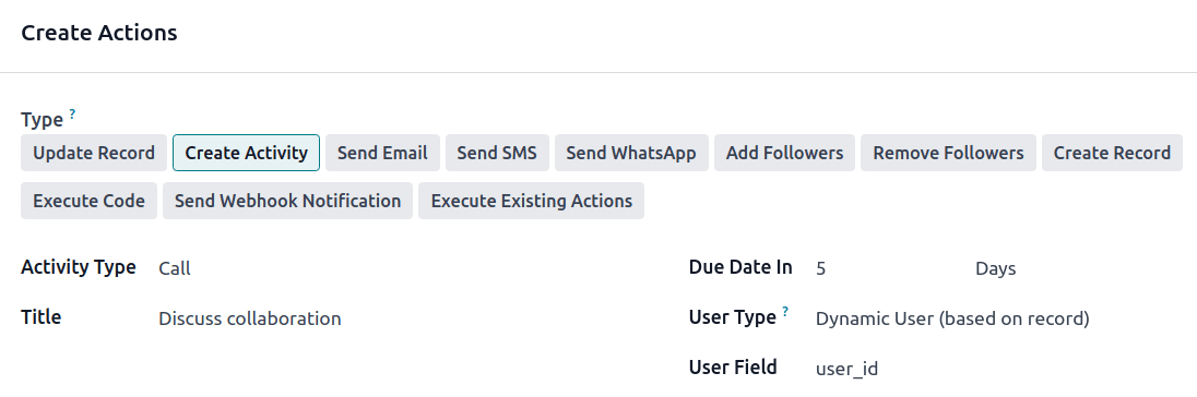 Captura de pantalla de un ejemplo de una acción para crear una actividad.