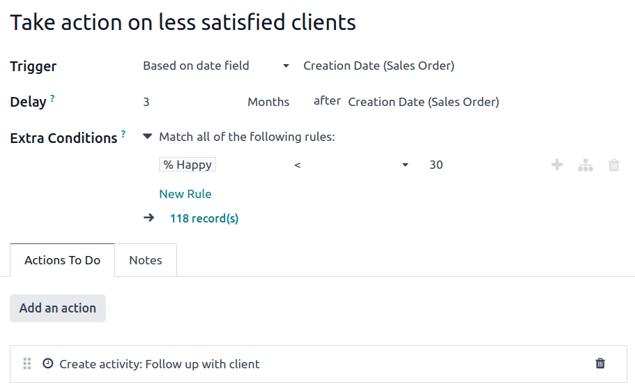 Captura de pantalla de una regla de automatización en el modelo de suscripción.