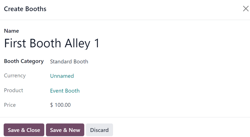 Una ventana emergente para crear estands en la aplicación Eventos de Nexovate.