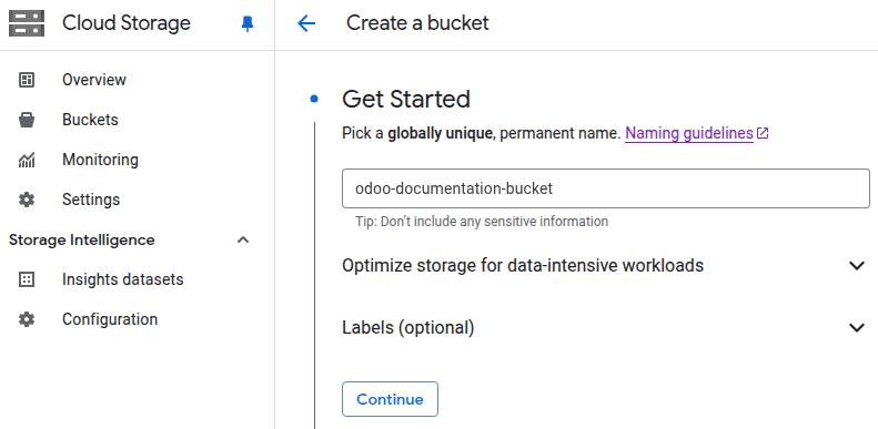 Captura de pantalla de la creación de un bucket.