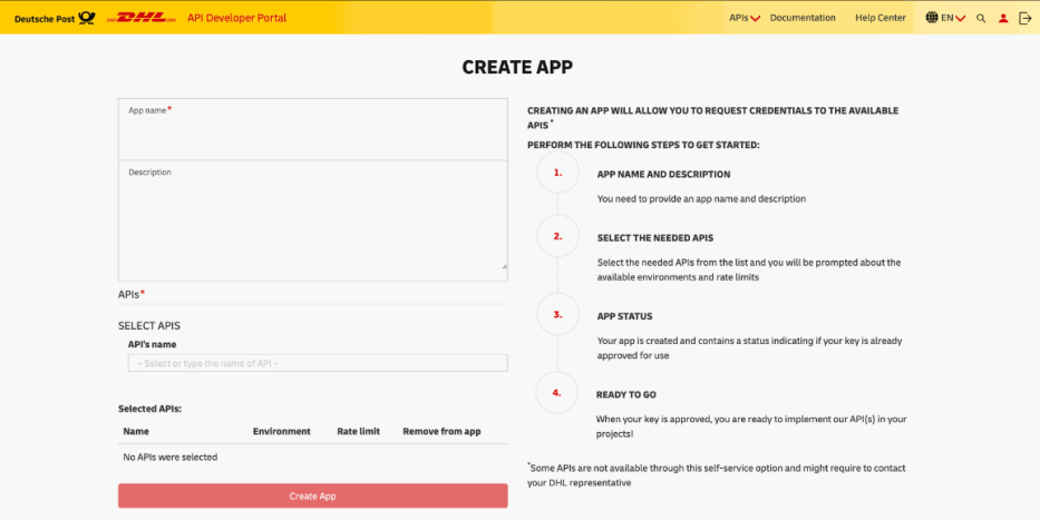 Configuración para crear una cuenta de DHL.