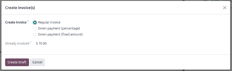 The deduct down payment option on the Create invoice(s) pop up in Nexovate Sales.
