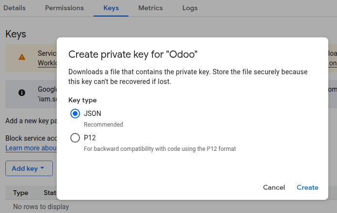 Captura de pantalla de la creación de una clave JSON para una cuenta de servicio de Google Cloud.