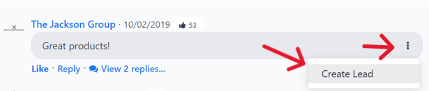 El menú desplegable junto a un comentario que muestra la opción para crear un lead.